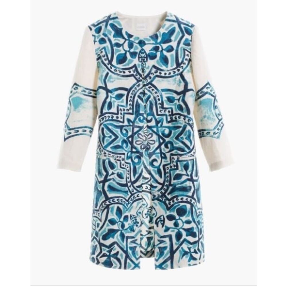 Chico's Artisan Print 100% Linen Open Jacket Size Medium Blue Beige 3/4 sleeve